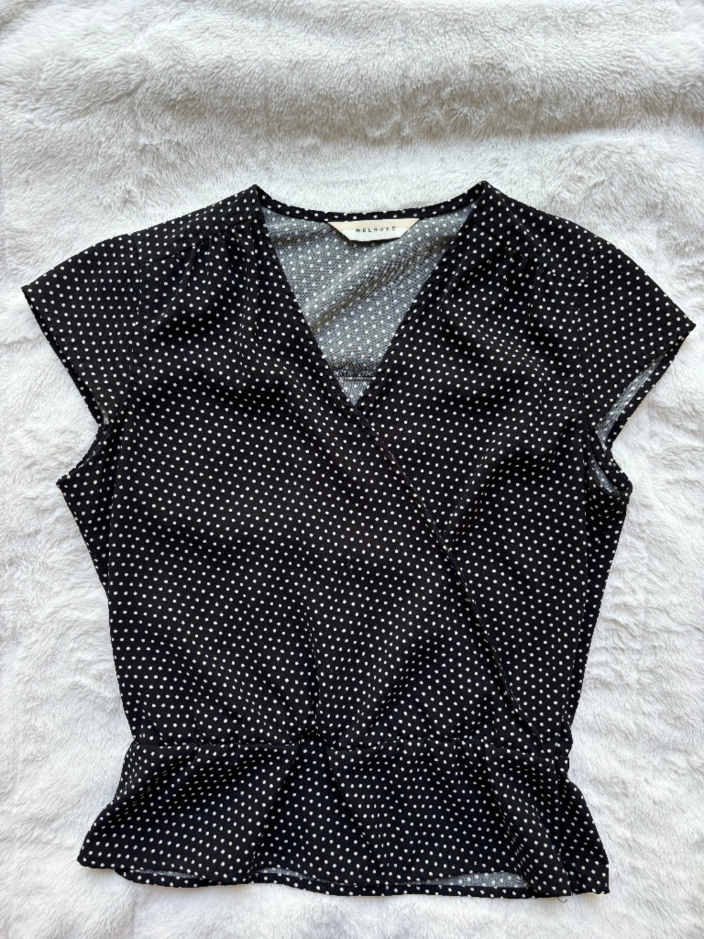 Melrose Black White Polka Dot Wrap Top Peplum Cap Sleeve Size 8